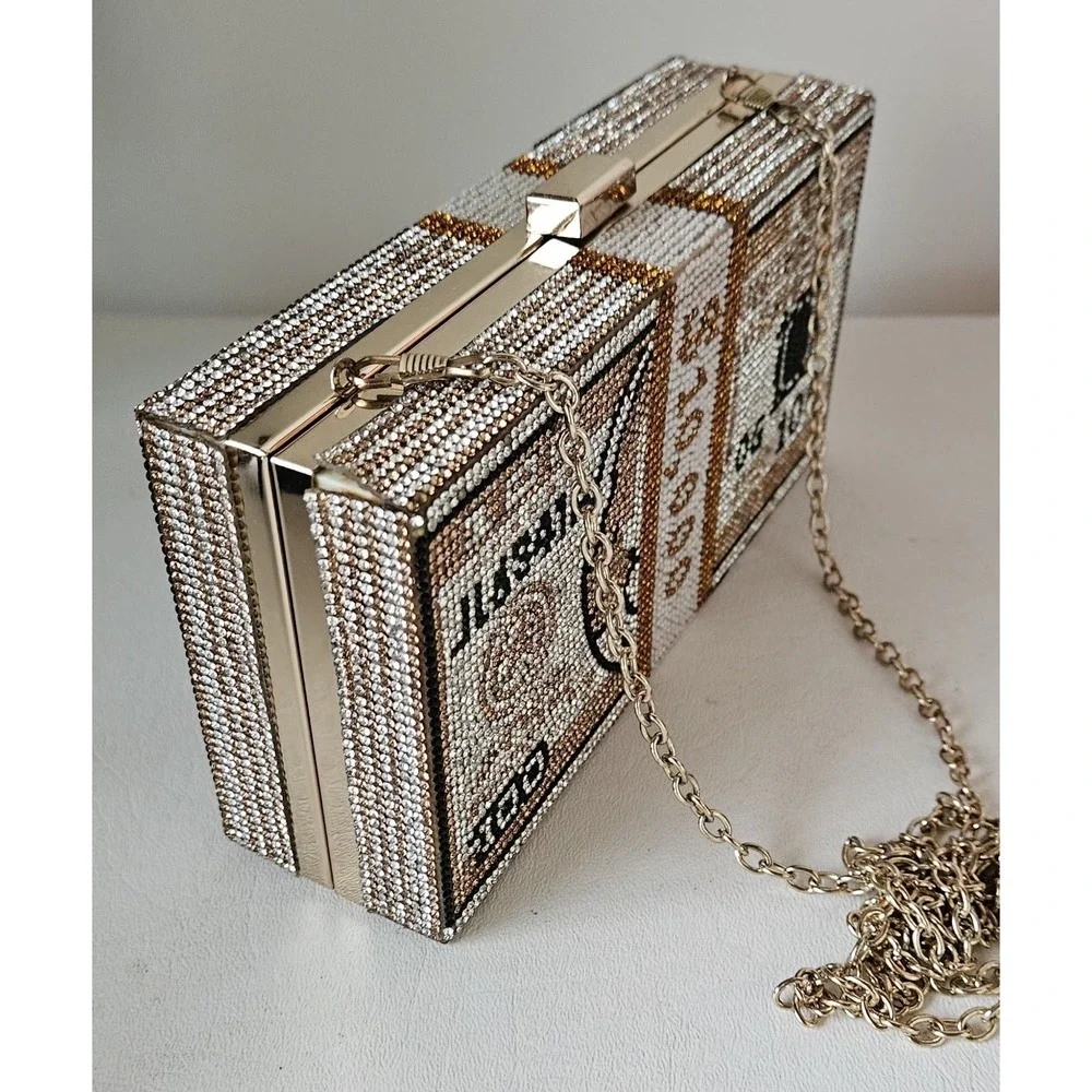 Money Stack Clear & Gold Rhinestone Clutch Bag Evening Purse
